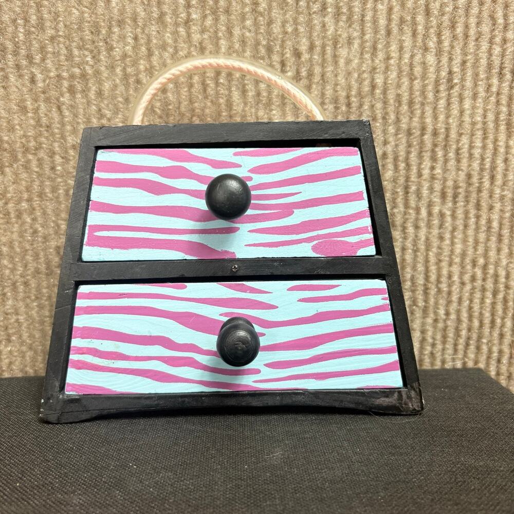 Y2K Zebra Leopard Pink Small Wood Jewelry Box with Handle and Two Drawers